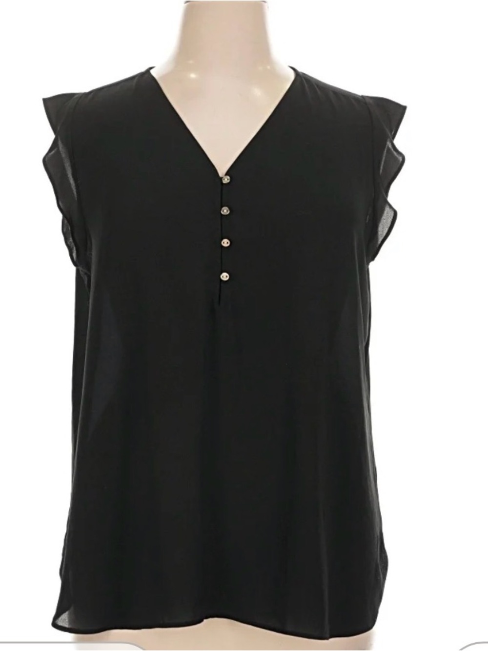 LOFT Black Cap-Sleeve V-Neck Henley Blouse Gold Button Placket M